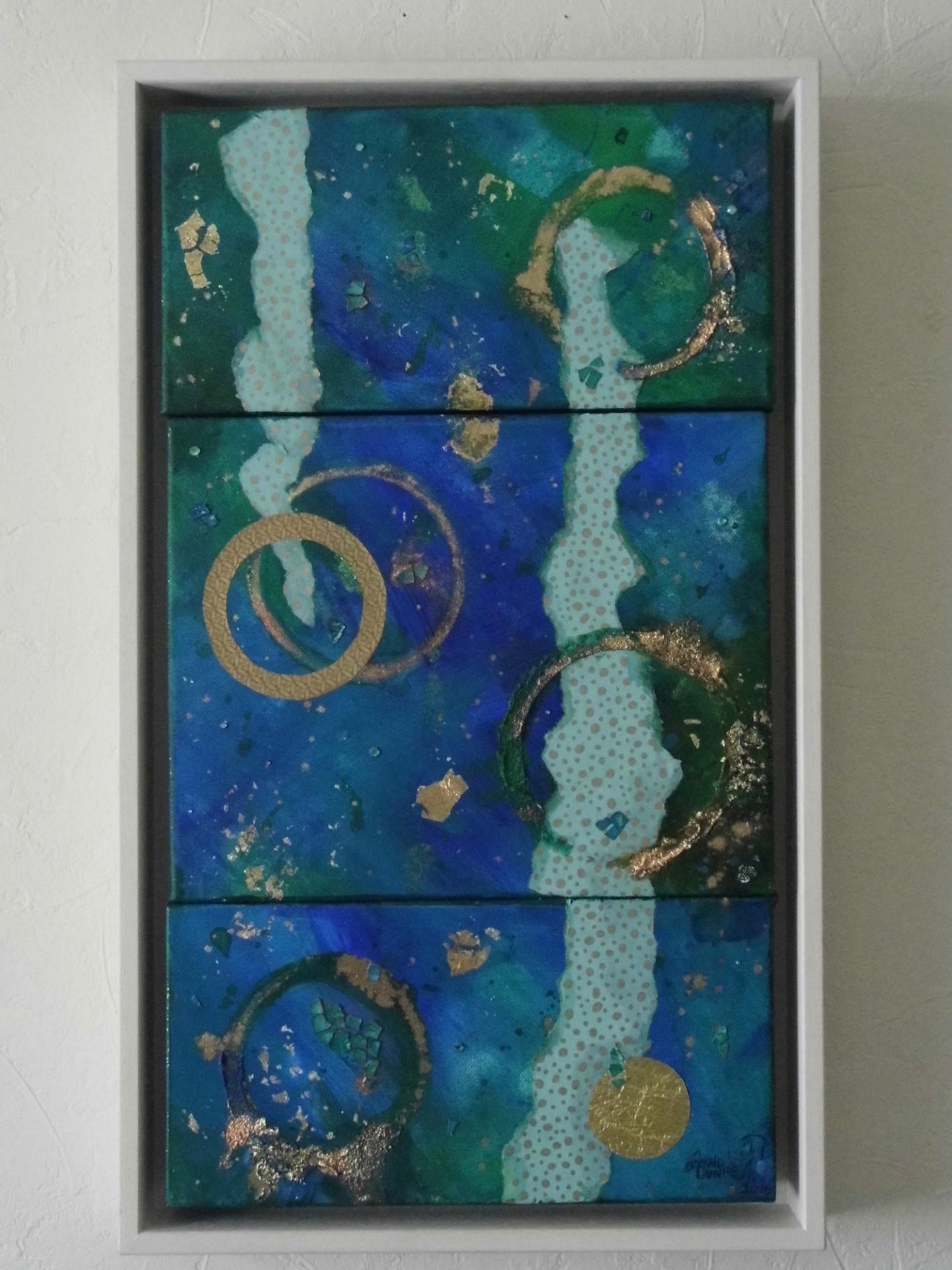 blue green abstract triptych painting framed emerald dunne