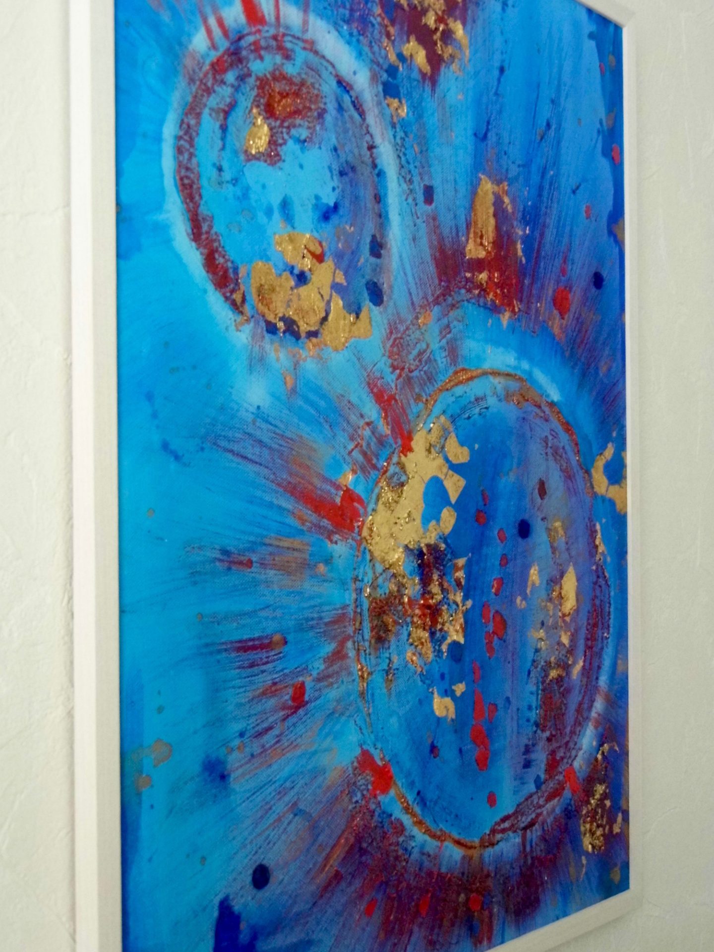 blue red gold abstract painting framed side view emerald dunne