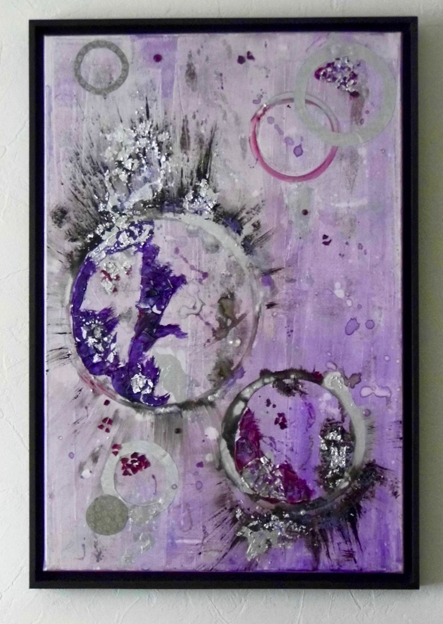 lilac purple black silver abstract framed painting emerald dunne art